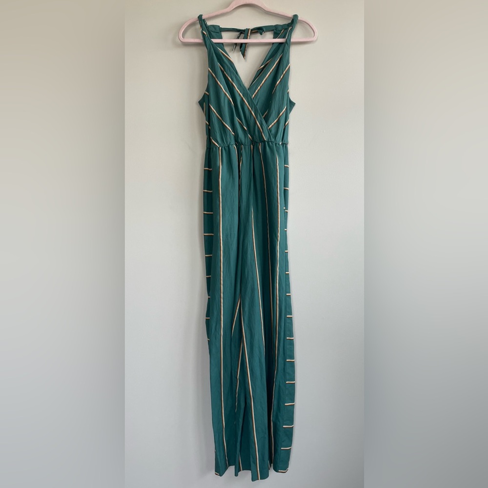 Anthropologie Green Striped V-Neck Wide-Leg Jumpsuit - Picture 2 of 15